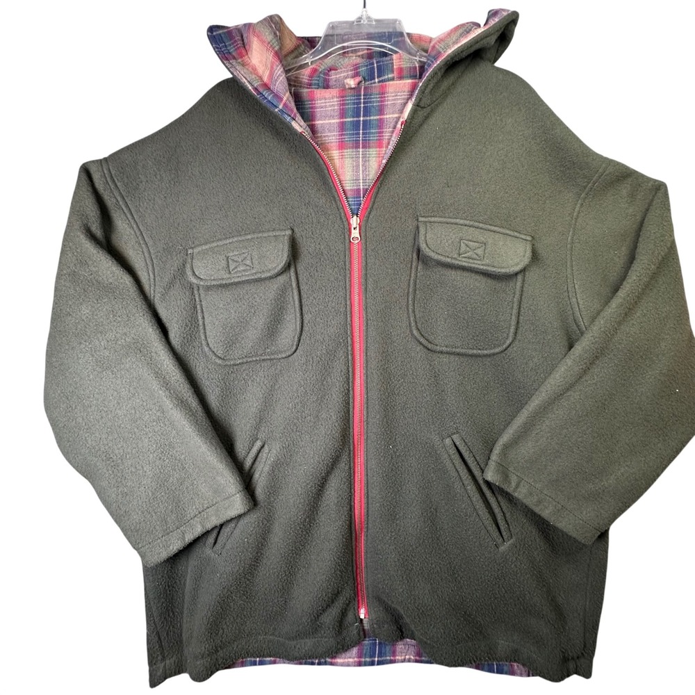Mulberry Street Fleece Hooded Jacket Plaid Lined Gorpcore XL Olive Reversible